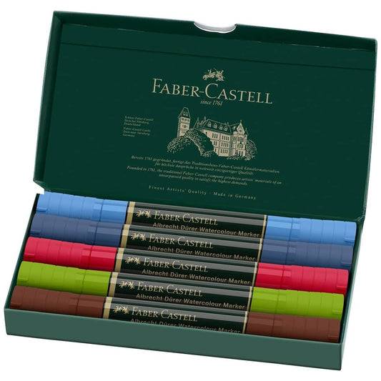 Albrecht Dürer watercolor markers, Faber-Castell watercolor markers, artist watercolor markers set, watercolor marker wallet, urban sketching markers, professional watercolor markers, dual-tip watercolor markers, brush tip watercolor marker set, fine tip watercolor marker set, highly pigmented watercolor markers, travel art supplies, urban sketching tools, pocket sketch kit, plein air painting supplies, creative gift for artists, watercolor illustration tools, water-soluble markers, blendable artist markers