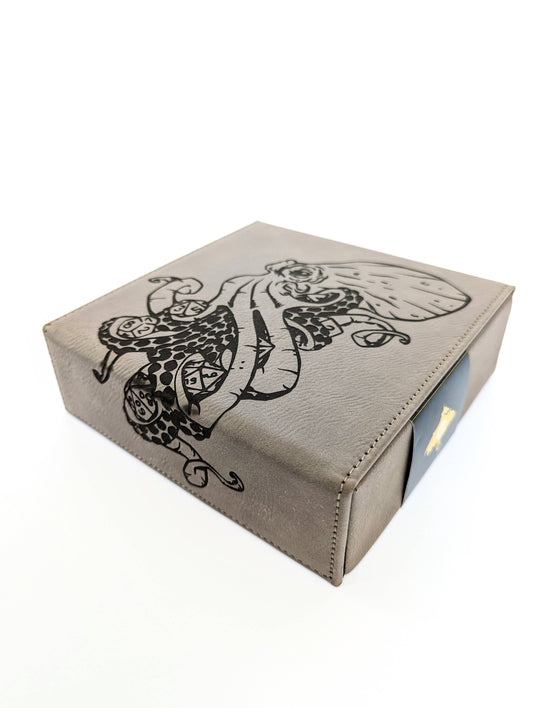 vegan leather accessory box magnetic closure, vegan leather dice box, Kraken of Holding, RPG dice storage, dice tray box combo, dice goblin accessory, velvet lined dice box, DnD dice case, NTSD Gaming dice box, fantasy tabletop accessories, engraved vegan leather dice tray
