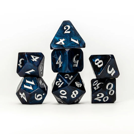 Critical Role GM dice set, Matthew Mercer dice, Vox Machina game master dice, smoky blue black polyhedral dice, tome icon d20, GM RPG dice set, official Critical Role dice, Die Hard Dice Critical Role collab, DnD GM dice, dark blue dice bag with charm