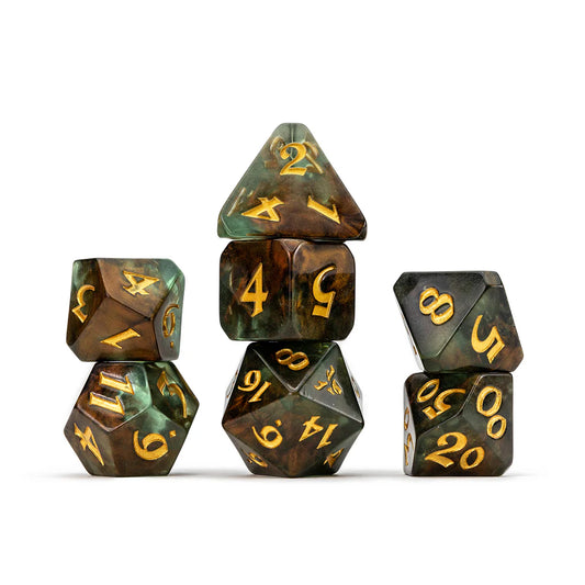 Critical Role Keyleth dice set, Vox Machina polyhedral dice, forest green DnD dice, Marisha Ray Keyleth dice, official Critical Role dice, Die Hard Dice partnership, antler d20 icon, Keyleth character dice set, resin dice with copper splashes, Critical Role collector dice