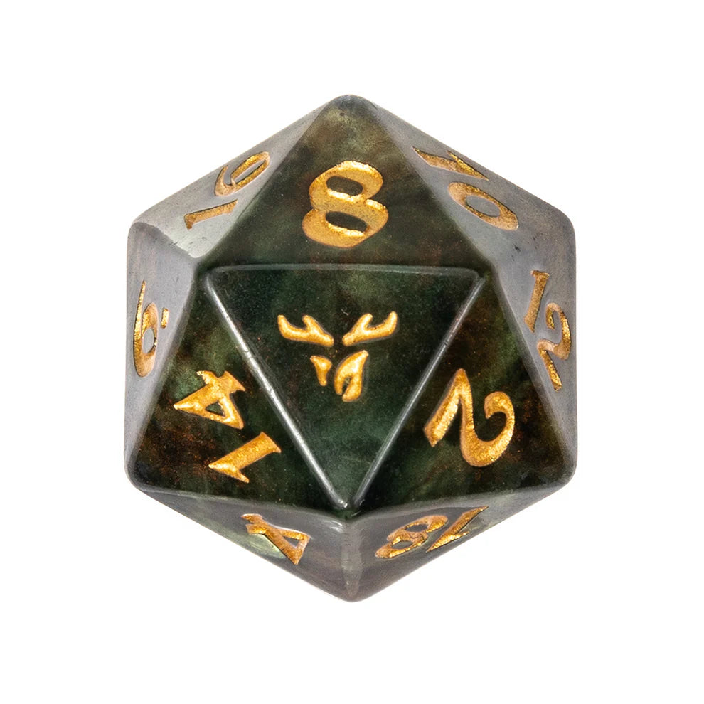Critical Role Keyleth dice set, Vox Machina polyhedral dice, forest green DnD dice, Marisha Ray Keyleth dice, official Critical Role dice, Die Hard Dice partnership, antler d20 icon, Keyleth character dice set, resin dice with copper splashes, Critical Role collector dice