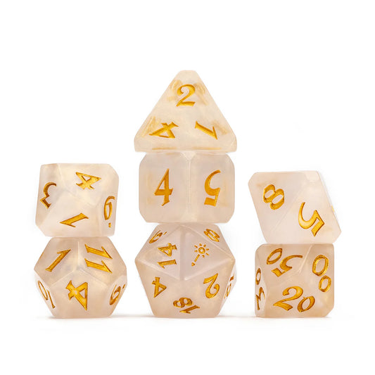 Critical Role Pike Trickfoot dice, Vox Machina gold pearlescent dice, Pike resin polyhedral dice set, Ashley Johnson Critical Role dice, official Critical Role dice set, DnD cleric dice set, Die Hard Dice collaboration, mace icon d20, blue dice bag with charm, Pike Trickfoot RPG accessories