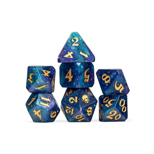 Taryon Darrington dice set, Critical Role Tary dice, Vox Machina polyhedral dice, Doty d20 icon, teal and gold dice set, shimmering DnD dice, Critical Role official merchandise, Sam Riegel character dice, Die Hard Dice Vox Machina, Critical Role campaign 1 dice