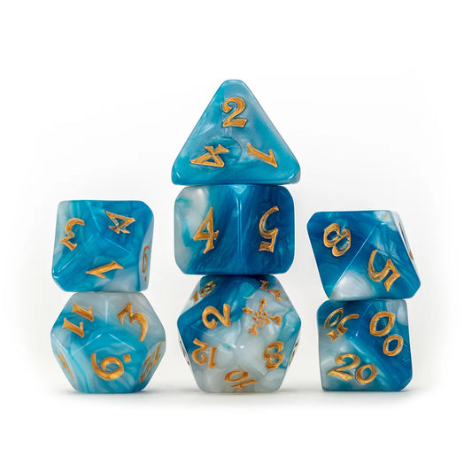 Vex'ahlia dice set, Critical Role Vex dice, Vox Machina teal dice, bear paw d20 icon, gold ink polyhedral dice, Critical Role acrylic dice, Laura Bailey character dice, fantasy RPG dice set, Die Hard Dice Critical Role, teal white marbled DnD dice