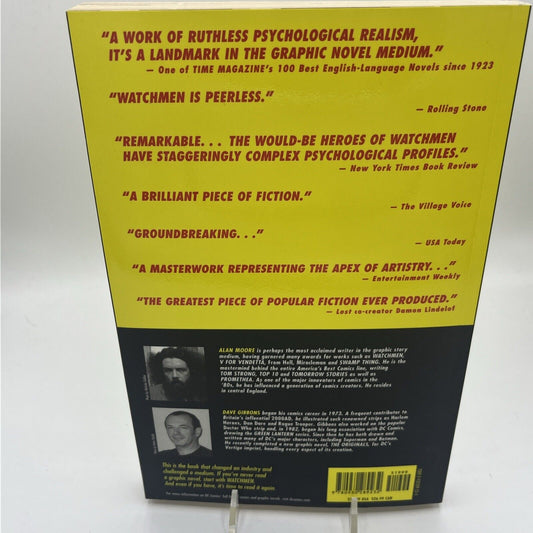 Back cover of the Watchmen trade paperback featuring reviews, creator biographies, and publisher information.