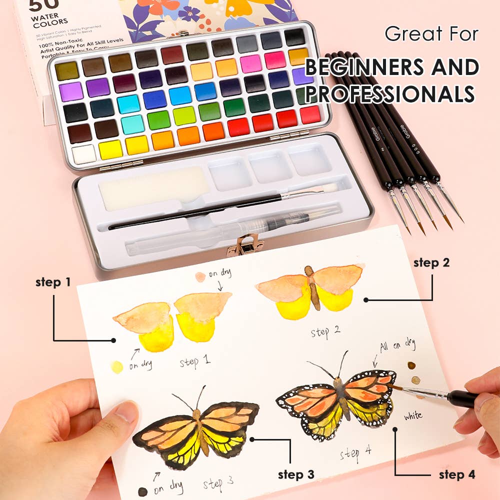 50 color watercolor set, beginner watercolor set, professional watercolor paints, watercolor paint set with brushes, watercolor palette travel kit, portable watercolor paint kit, watercolor tin with brush, watercolor supplies for artists, vibrant watercolor pigments, watercolor painting set for beginners