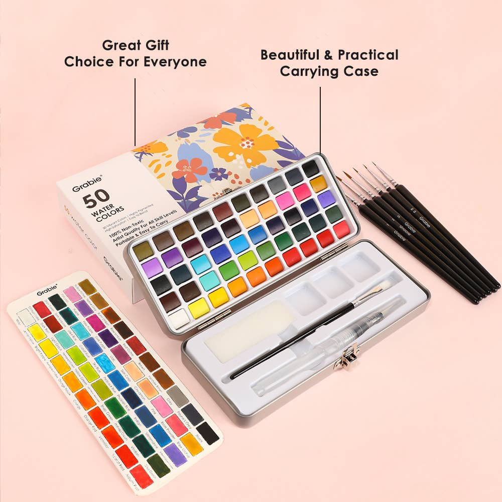 50 color watercolor set, beginner watercolor set, professional watercolor paints, watercolor paint set with brushes, watercolor palette travel kit, portable watercolor paint kit, watercolor tin with brush, watercolor supplies for artists, vibrant watercolor pigments, watercolor painting set for beginners