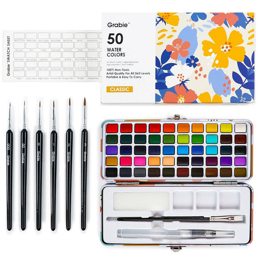 50 color watercolor set, beginner watercolor set, professional watercolor paints, watercolor paint set with brushes, watercolor palette travel kit, portable watercolor paint kit, watercolor tin with brush, watercolor supplies for artists, vibrant watercolor pigments, watercolor painting set for beginners