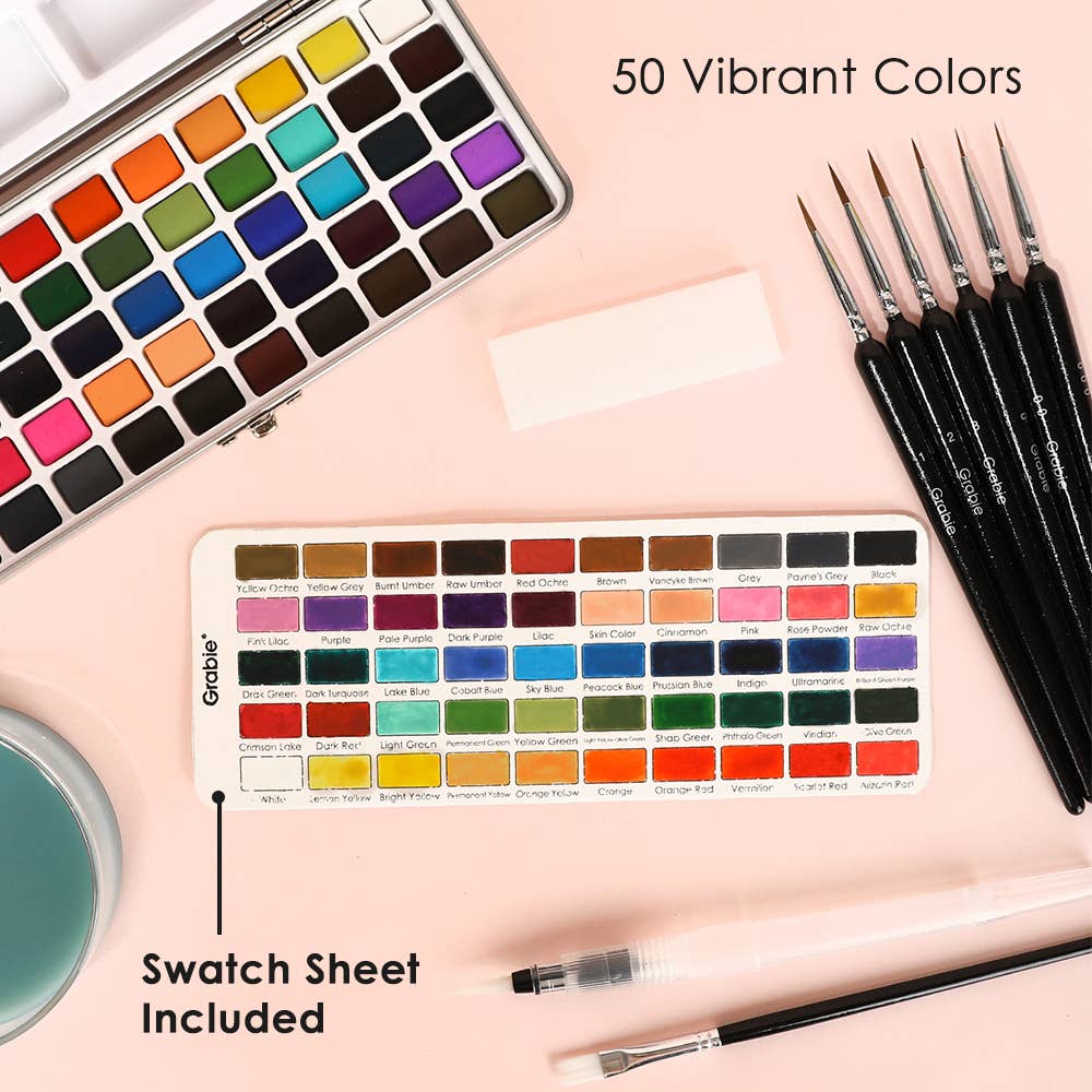 50 color watercolor set, beginner watercolor set, professional watercolor paints, watercolor paint set with brushes, watercolor palette travel kit, portable watercolor paint kit, watercolor tin with brush, watercolor supplies for artists, vibrant watercolor pigments, watercolor painting set for beginners