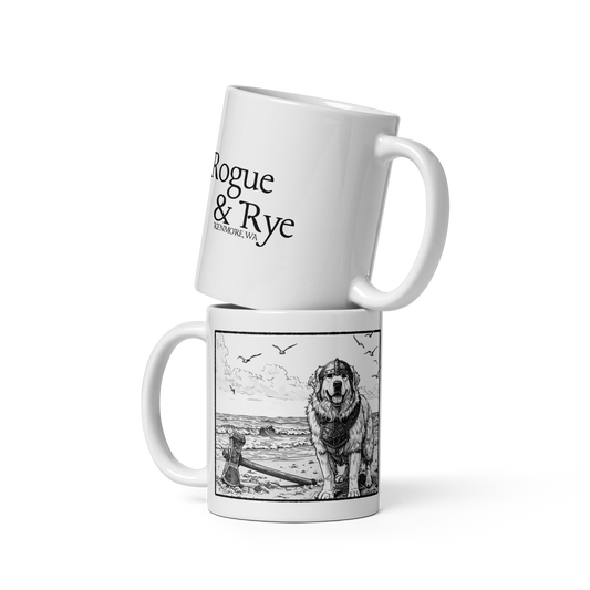 the herald ceramic mug, rogue and rye fighter mug, great pyrenees coffee mug, fantasy rpg dog mug, loyal companion coffee cup, dnd fighter class mug, morning mug for adventurers, microwave safe fantasy mug, dishwasher safe rpg mug, guardian character drinkware, bpa free ceramic mug, sturdy coffee mug for gamers, noble dog companion mug, rpg inspired drinkware, fantasy morning ritual mug