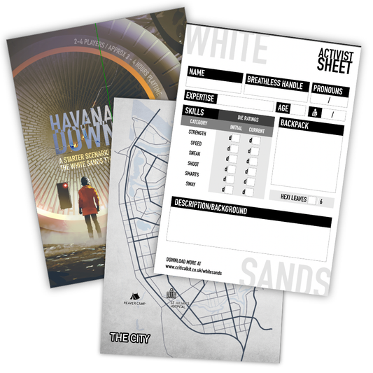 White Sands TTRPG, Critical Kit Ltd RPG, dystopian tabletop roleplaying game, narrative-driven TTRPG, rules-lite TTRPG 2024, eco-punk RPG, Be Like a Crow creator, TTRPG clean air rebellion, activist RPG game, dystopia roleplaying softcover, White Sands RPG book