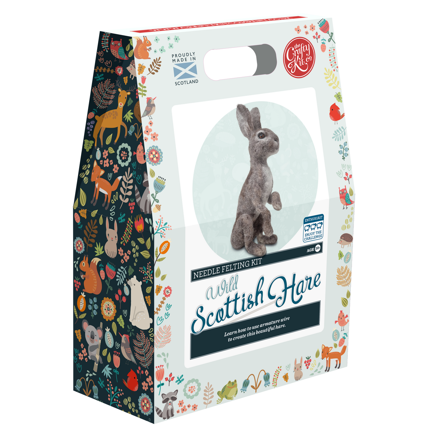 wild hare needle felting kit, Scottish wildlife craft kit, advanced needle felting project, Corriedale wool animal kit, The Crafty Kit Company Scotland, needle felting with armature wire, lifelike hare felting kit, enthusiast level wool sculpture, handmade in Scotland felting kit, Alison Rumbles artist felting design