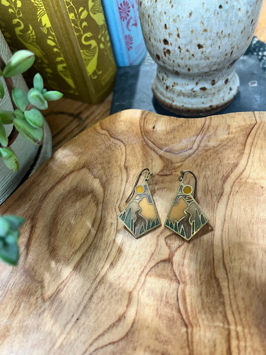 landscape earrings, stained glass resin earrings, brass mountain earrings, lightweight statement earrings, handmade scenic earrings, nature inspired jewelry, outdoorsy earrings for women, wilderness earrings, forest jewelry, gift for hikers, boho landscape earrings, artisan resin earrings, unique brass earrings, Wild & Scenic jewelry, colorful resin earrings, modern nature earrings, handcrafted earrings USA, Rogue & Rye earrings, mountain jewelry, everyday adventure accessories