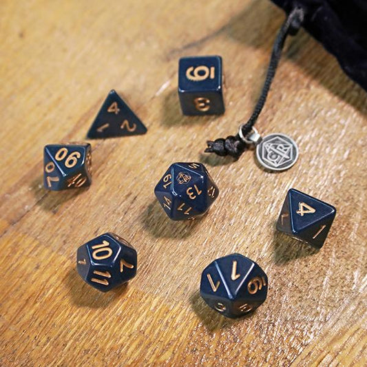 Wildemount dice set, Critical Role dice set, campaign 2 Critical Role dice, Exandria dice set, Critical Role d20 logo dice, dark blue velvet dice bag, Dungeons and Dragons dice set, polyhedral dice Critical Role, tabletop RPG dice set, official Critical Role merchandise, Wildemount campaign dice, Critical Role charm dice bag, Critical Role accessories, dice for D&D campaign 2