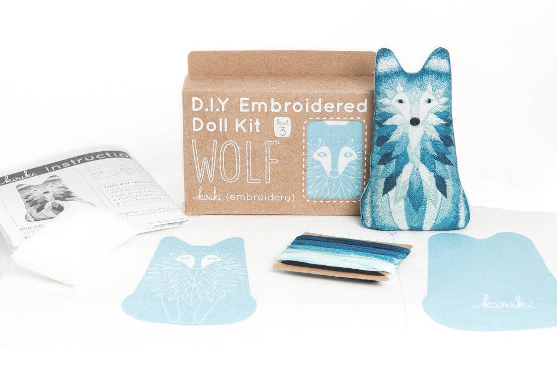 wolf embroidery kit, wolf embroidered doll, beginner embroidery project, level 3 embroidery pattern, animal doll embroidery, DMC floss kit, screen printed fabric embroidery, stitchable animal doll, handmade embroidery gift, creative sewing craft kit