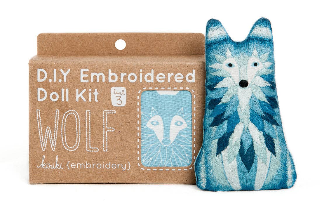 wolf embroidery kit, wolf embroidered doll, beginner embroidery project, level 3 embroidery pattern, animal doll embroidery, DMC floss kit, screen printed fabric embroidery, stitchable animal doll, handmade embroidery gift, creative sewing craft kit