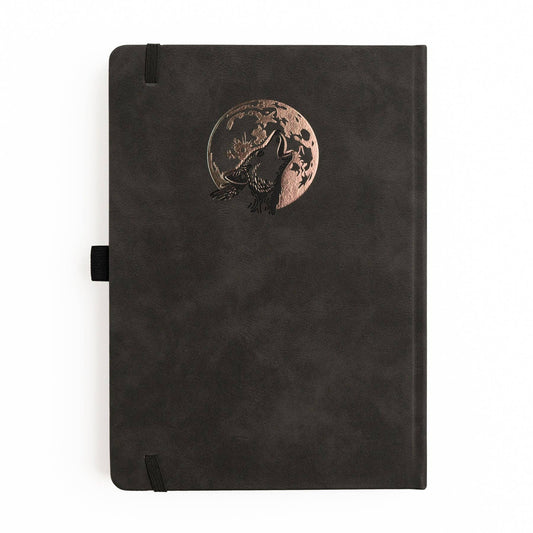 Wolf in the Night notebook with dark vegan leather cover and copper wolf design