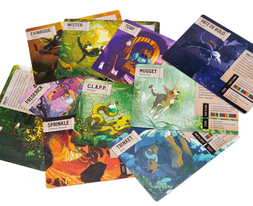 Colorful collection of A Familiar Find cards from Darrington Press featuring beloved Critical Role familiars and animal companions from Vox Machina, Mighty Nein, and Bells Hells, including Trinket, Nugget, Sprinkle, Pâté, Mister, and more.