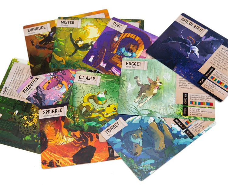 Colorful collection of A Familiar Find cards from Darrington Press featuring beloved Critical Role familiars and animal companions from Vox Machina, Mighty Nein, and Bells Hells, including Trinket, Nugget, Sprinkle, Pâté, Mister, and more.