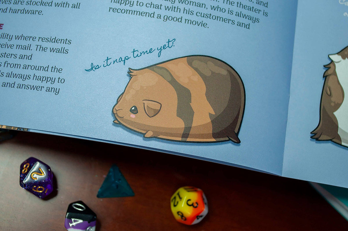 Open Hamsters & Himbos solo RPG book with illustrated hamster and colorful dice