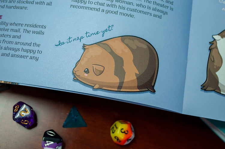 Open Hamsters & Himbos solo RPG book with illustrated hamster and colorful dice