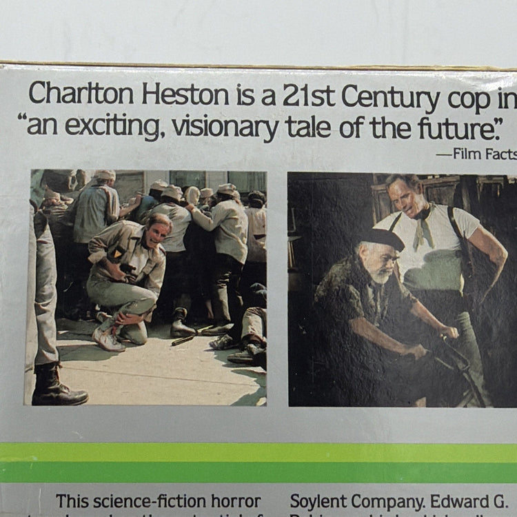Detail of the Soylent Green VHS slipcase featuring Charlton Heston and film information