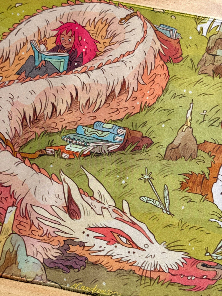 Book Dragon playmat detail with dragon, books, reader, and woodland illustration