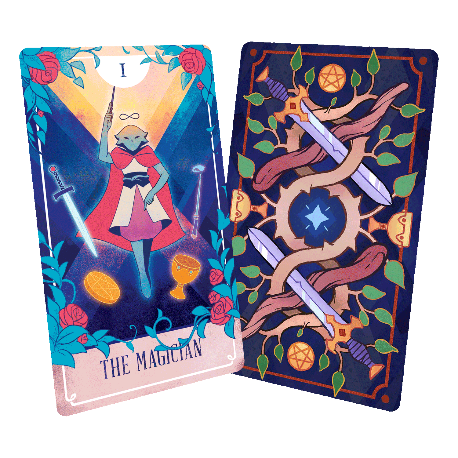 The Fablemaker’s Animated Tarot Deck showing The Magician card beside the illustrated card back