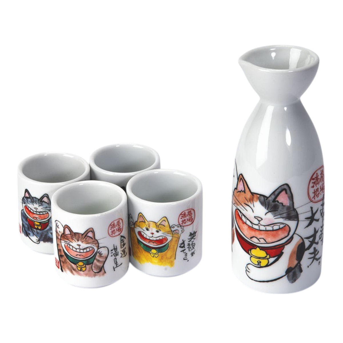 Japanese ceramic sake set with neko cat illustrations, including one sake bottle and four cups