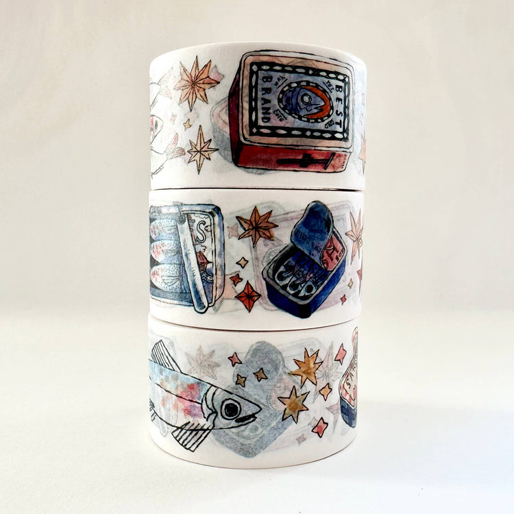sardine washi tape, fish washi tape 25mm, shelley couvillion washi, ocean themed washi tape, sardines stationery tape, sea life washi tape, cute fish washi, illustrated washi tape sardines, marine art tape, wide washi tape roll