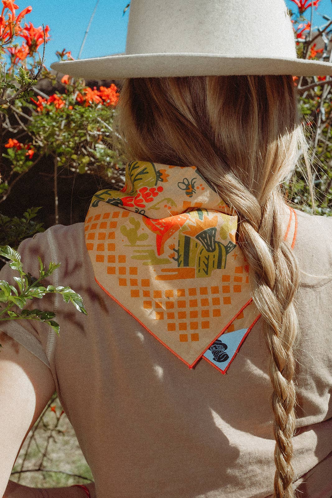 The Prickly Pollinators Bandana by Bandits Bandanas features original artwork by Zaine Vaun and celebrates the desert as a vibrant, living ecosystem. 