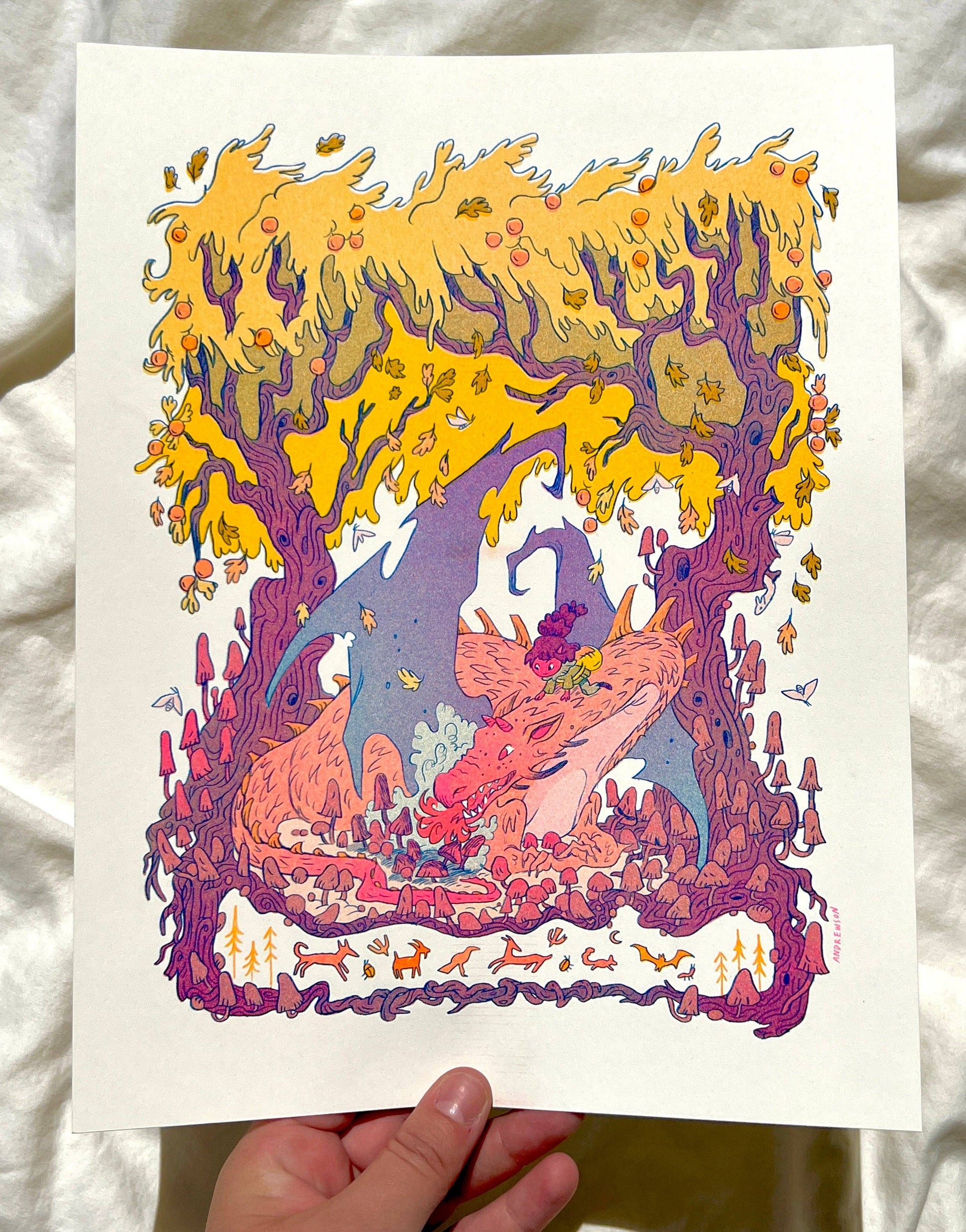 Fall dragon risograph print, autumn fantasy art, mushroom dragon illustration, Natalie Andrewson riso print, blue yellow fluorescent pink riso, cozy fantasy artwork, whimsical dragon art print, indie printmaker risograph, autumn creature art, vibrant riso illustration, collectible riso print, Rogue & Rye fantasy art.