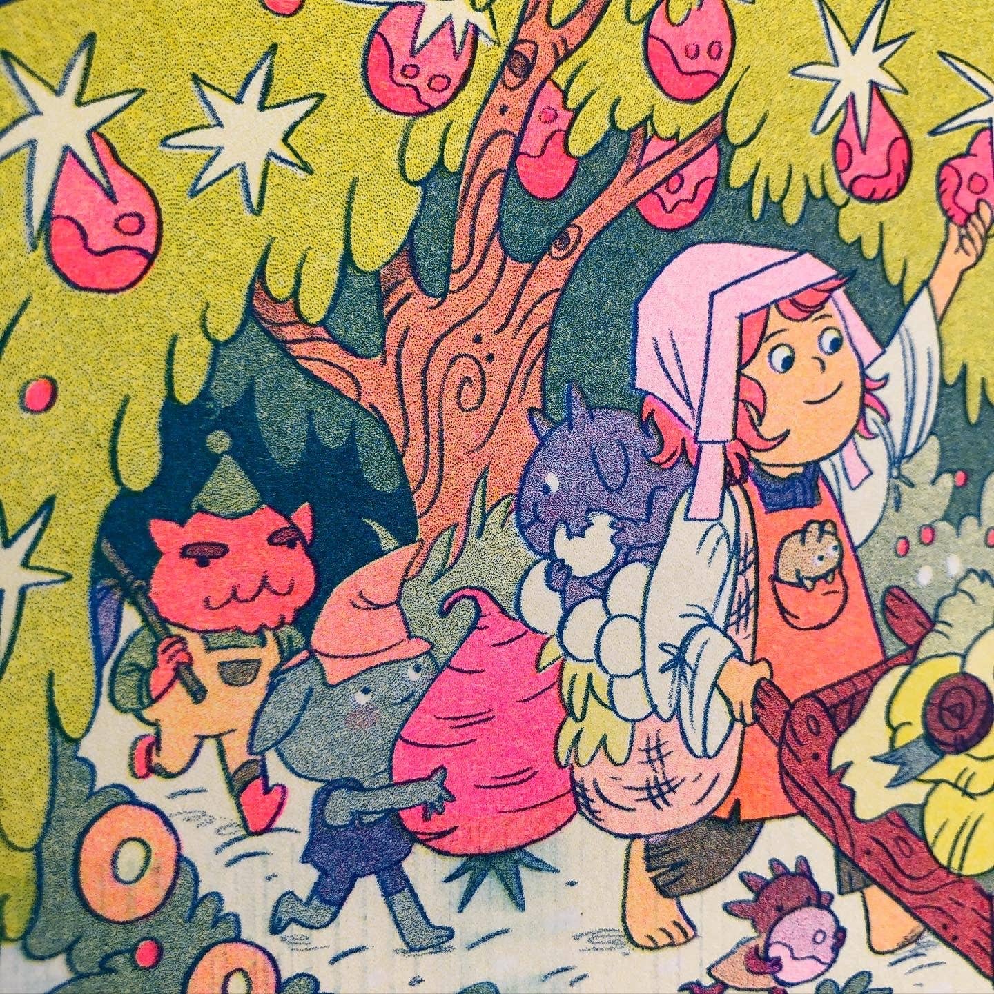 On the Mountain Garden Trail print, Natalie Andrewson risograph, goblin art print, garden fantasy illustration, blue yellow fluorescent pink riso, indie printmaker art, mountain folk artwork, narrative risograph print, vibrant small art print, collectible riso artwork, fantasy garden scene, whimsical woodland art, Rogue & Rye artist collection.