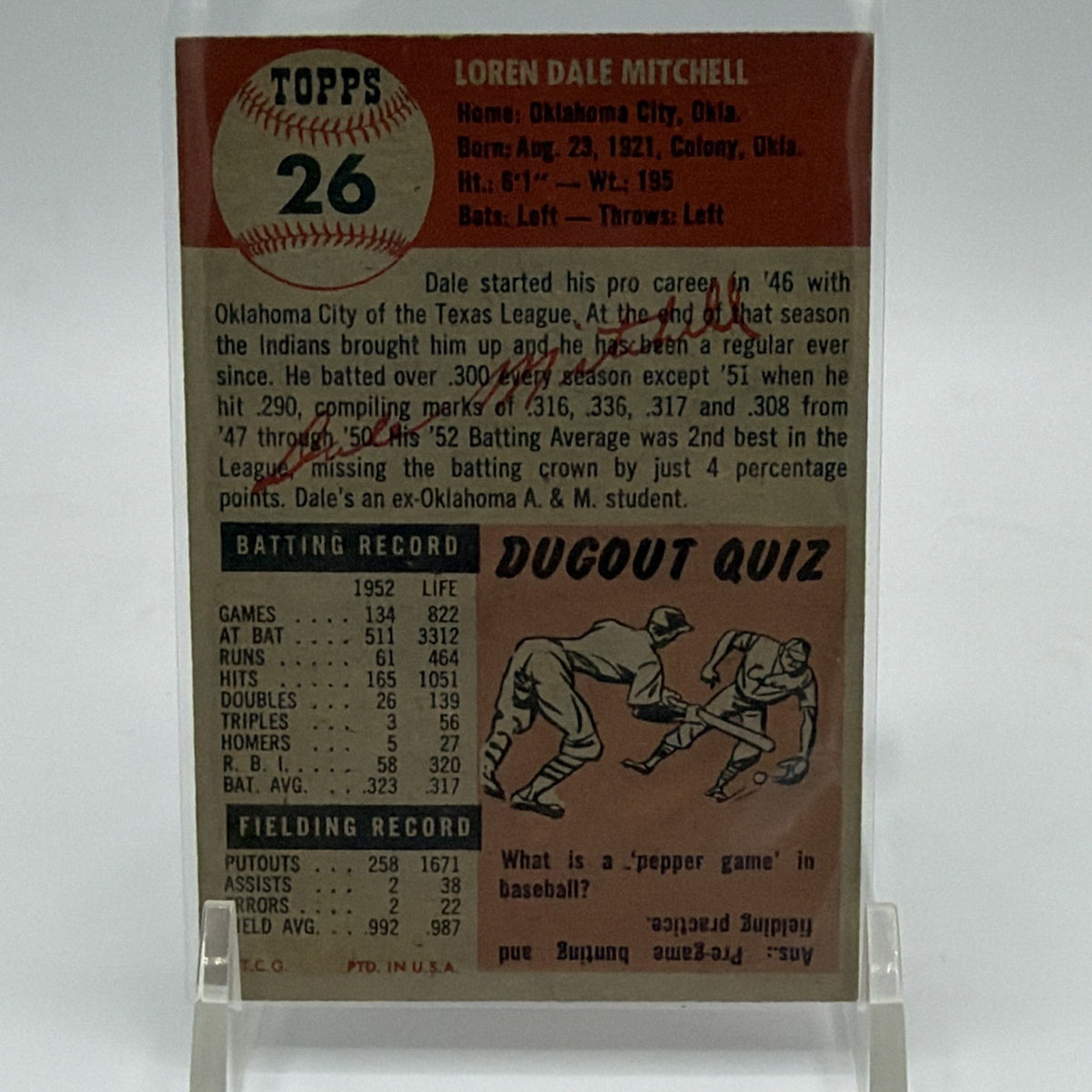 Reverse of 1953 Topps Dale Mitchell #26 featuring player statistics, biography, and Dugout Quiz
