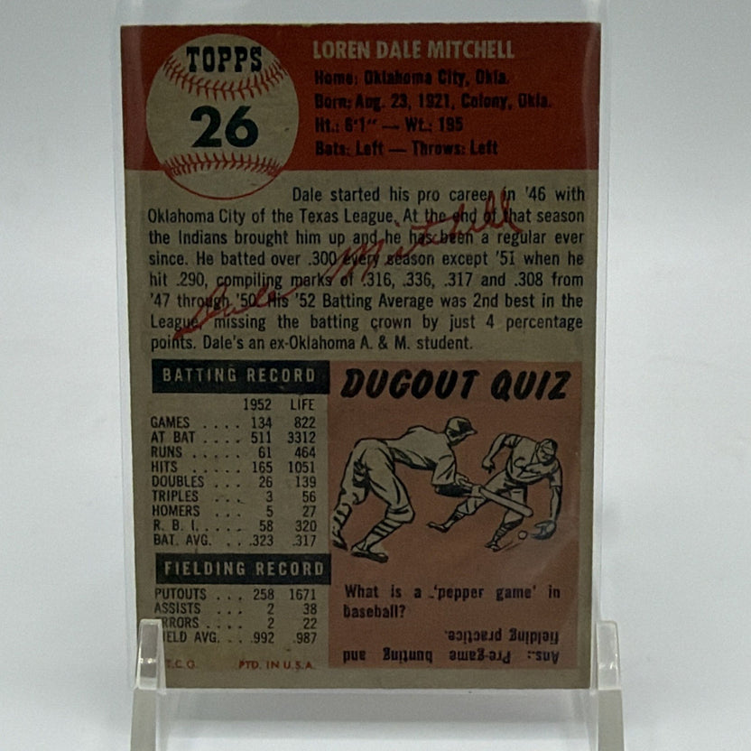 Reverse of 1953 Topps Dale Mitchell #26 featuring player statistics, biography, and Dugout Quiz