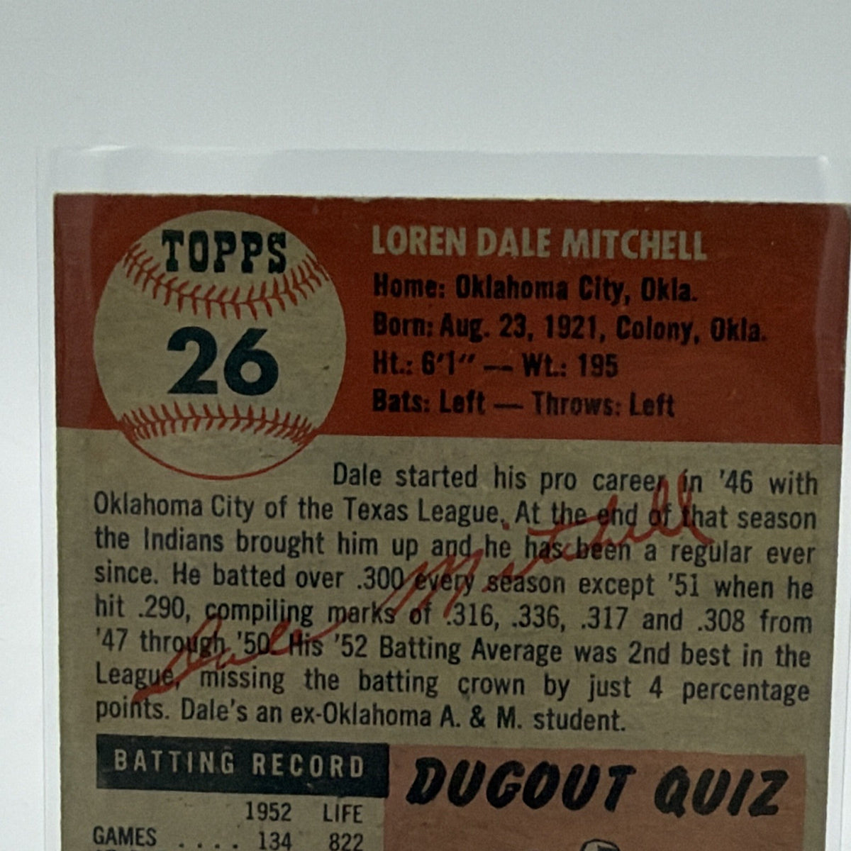 Close-up of the upper reverse of Dale Mitchell's 1953 Topps card showing card number 26 and player information