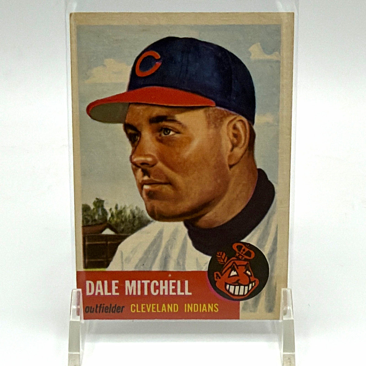 Front of 1953 Topps Dale Mitchell #26 vintage baseball card showing the Cleveland Indians outfielder in a navy cap
