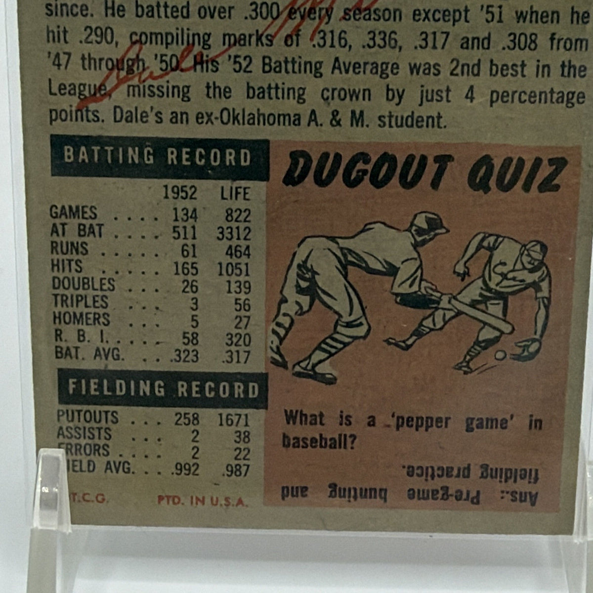 Close-up of the Dugout Quiz illustration and baseball statistics on the back of 1953 Topps Dale Mitchell #26