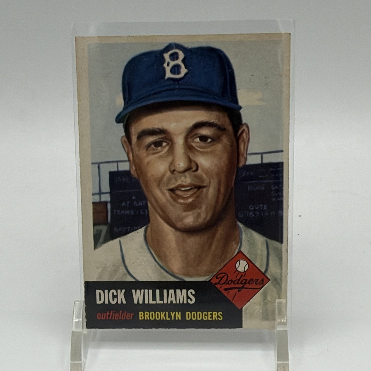 Front of 1953 Topps Dick Williams #125 vintage baseball card featuring Williams in a blue Brooklyn Dodgers cap with the classic illustrated ballpark background