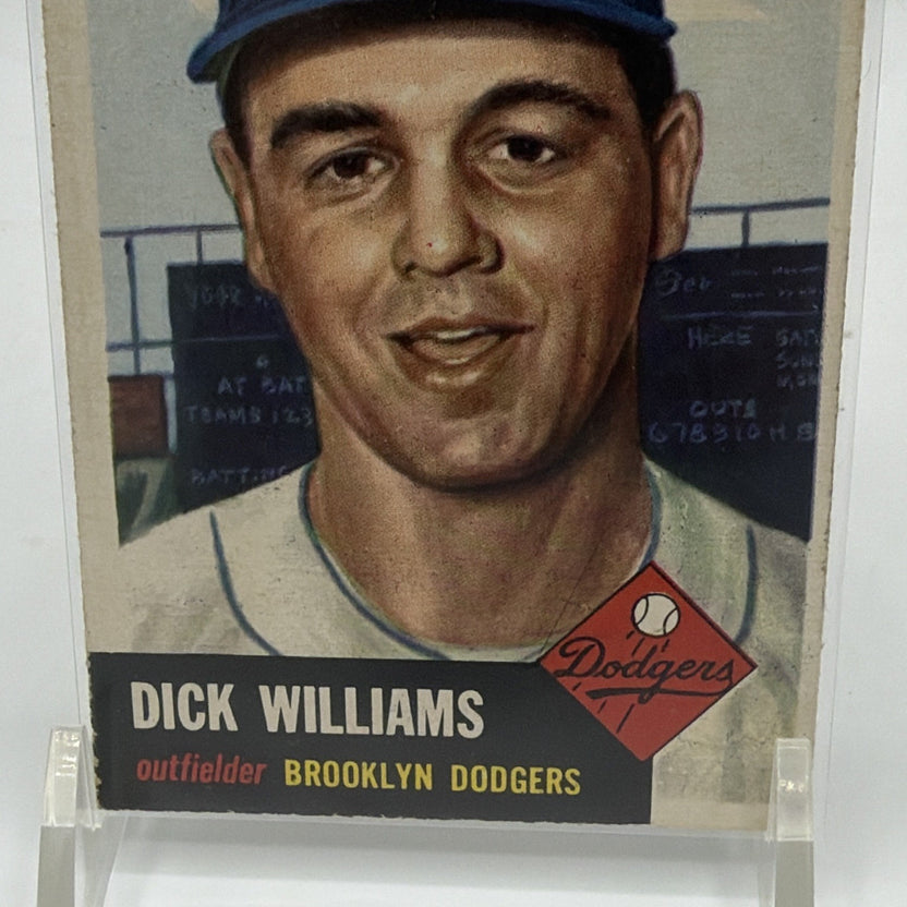 Close-up of 1953 Topps Dick Williams #125 showing the player nameplate, Brooklyn Dodgers designation, and red diamond graphic