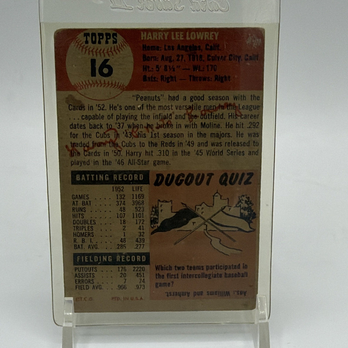 Reverse of 1953 Topps Harry Lowrey #16 showing vintage card text and statistics