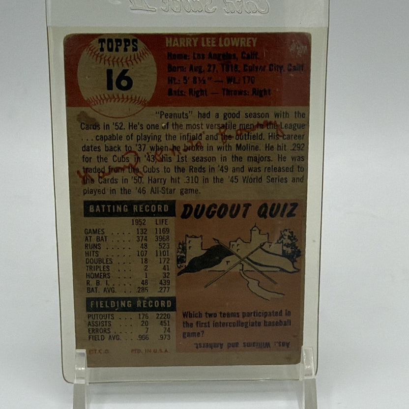 Reverse of 1953 Topps Harry Lowrey #16 showing vintage card text and statistics