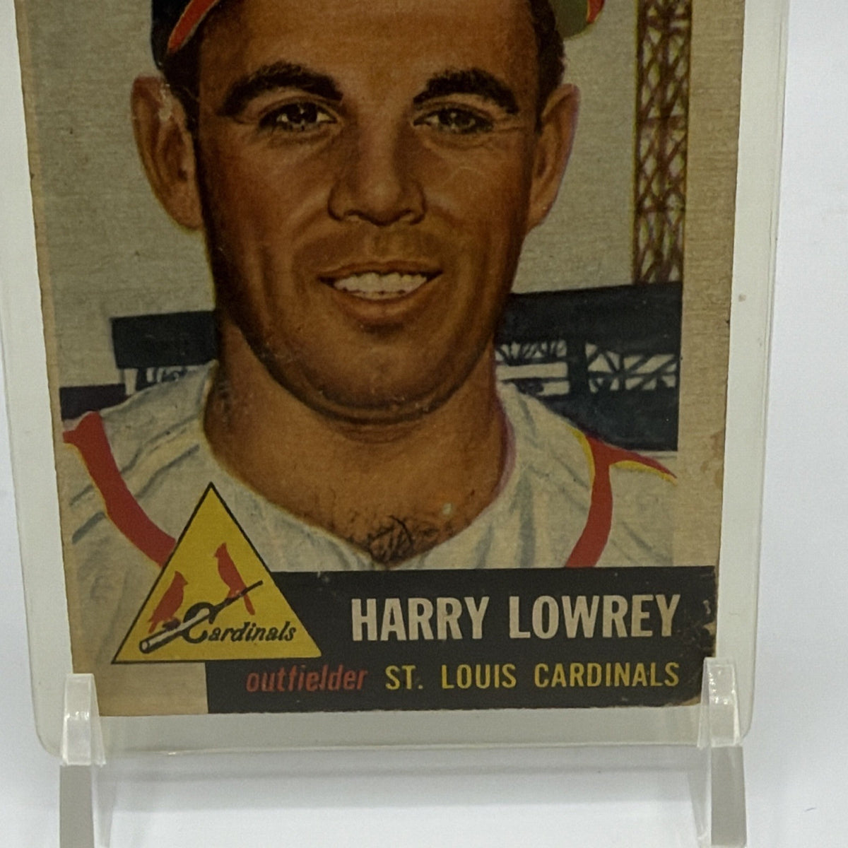Detail of Harry Lowrey nameplate and Cardinals artwork on 1953 Topps card