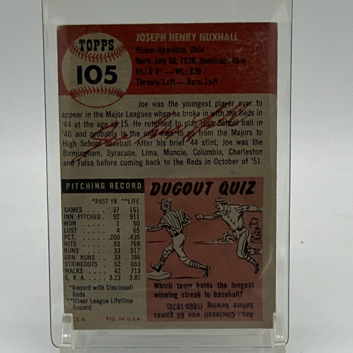 Reverse of 1953 Topps Joe Nuxhall #105 showing statistics and biographical information
