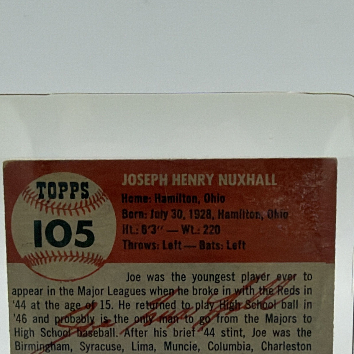Close-up of card number 105 and printed information on the reverse