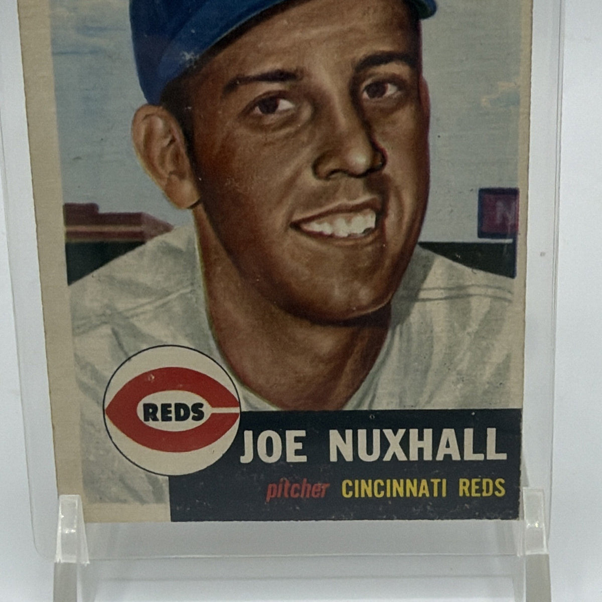 Detail of Joe Nuxhall nameplate and Cincinnati Reds insignia on 1953 Topps card