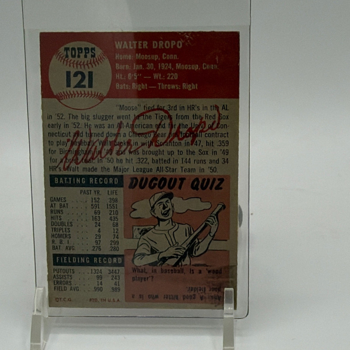 Reverse of 1953 Topps Walt Dropo #121 showing vintage statistics and biography