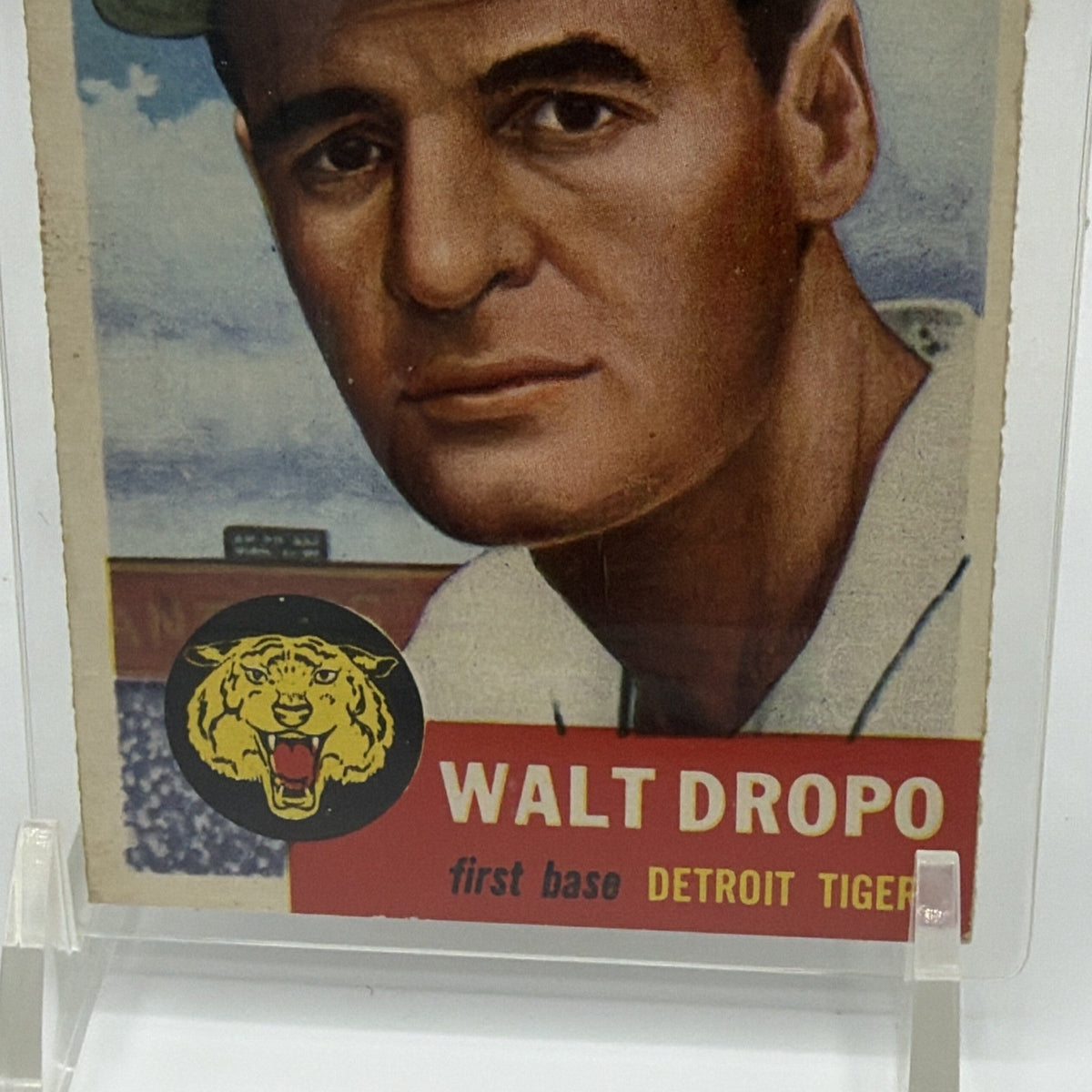 Detail of Walt Dropo nameplate and Detroit Tigers insignia on the card front