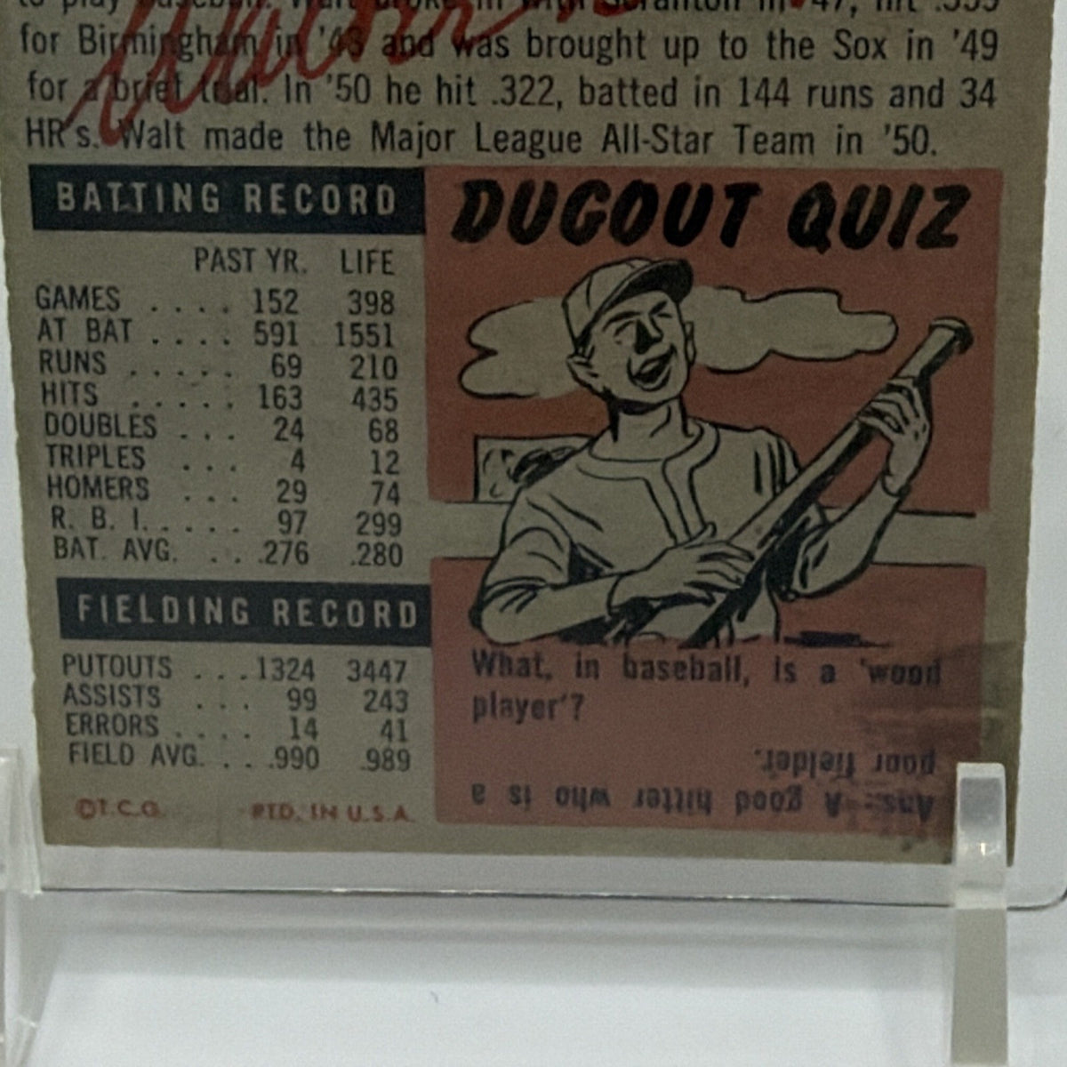 Close-up of the vintage statistical table on Walt Dropo's 1953 Topps card