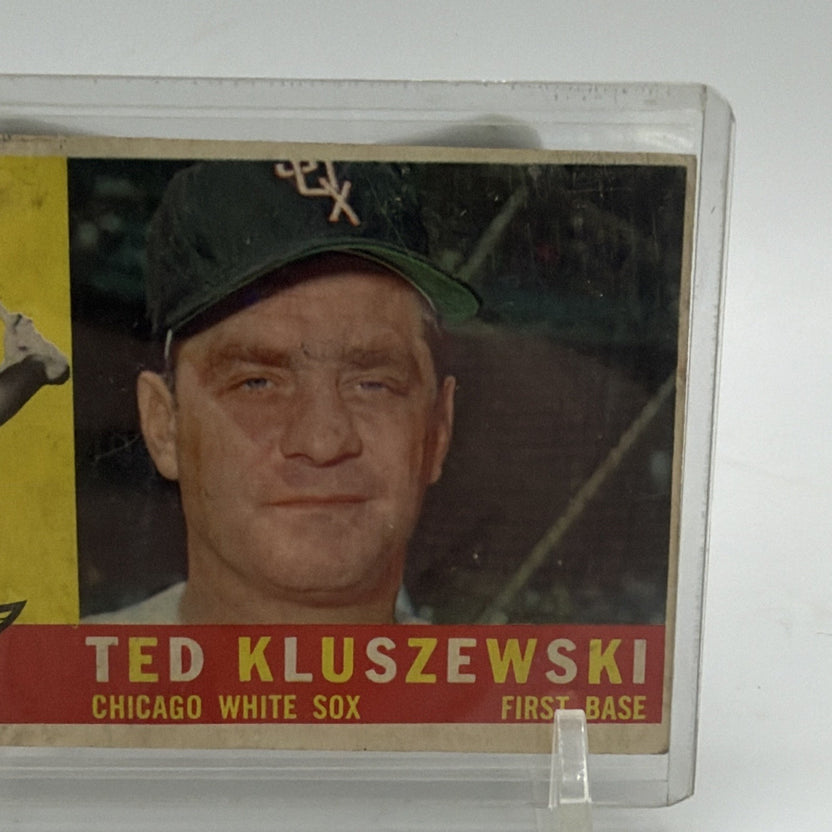 Close-up of Ted Kluszewski's portrait and red nameplate on his 1960 Topps #505 card
